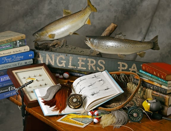 Desk with angling paraphernalia
